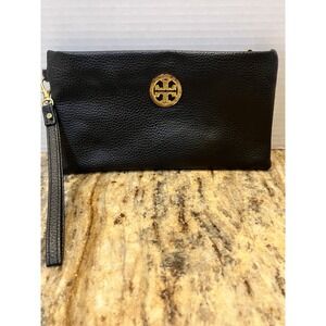 Tory Burch Black Pebbled Leather Long Wristlet Wallet Gold Hardware Clutch Party